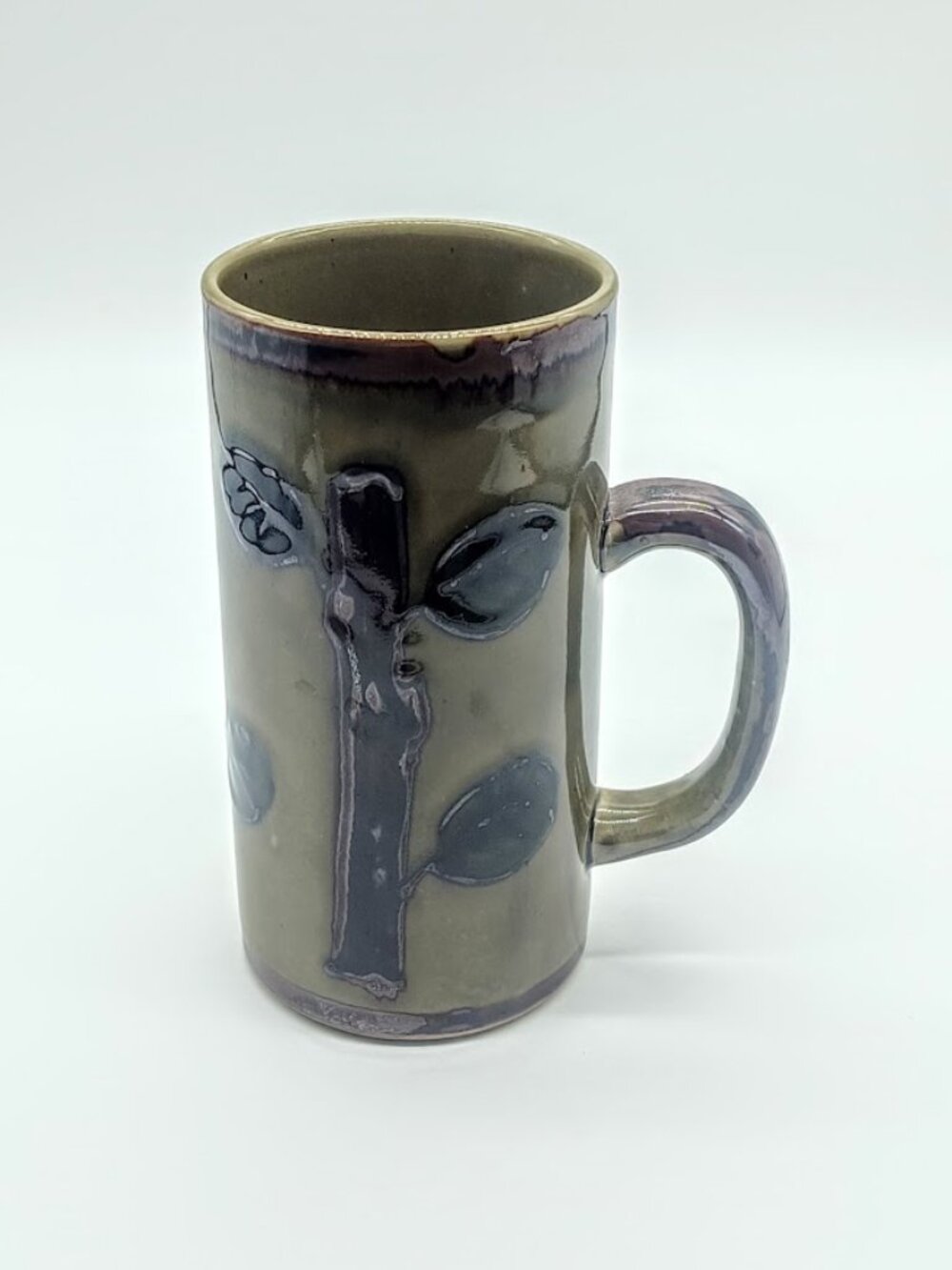 Handmade Brown Green Desert Cactus Branch Leaf Tall Pottery Mug
